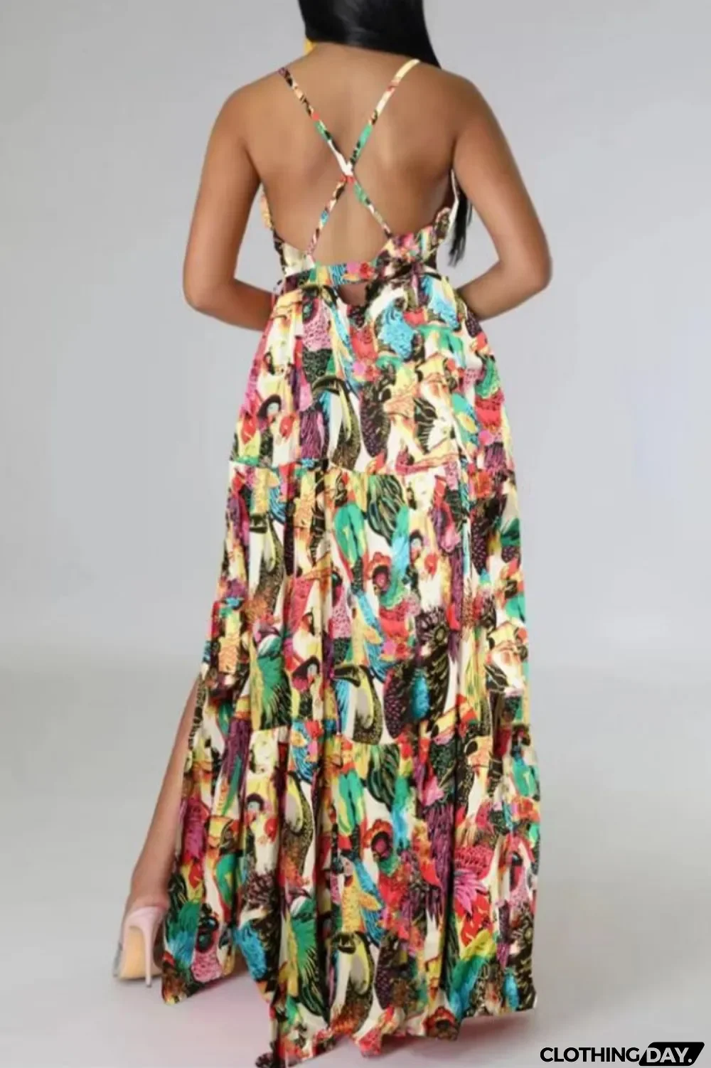Multi-color Sexy Casual Print Backless Slit Spaghetti Strap Long Dress Dresses