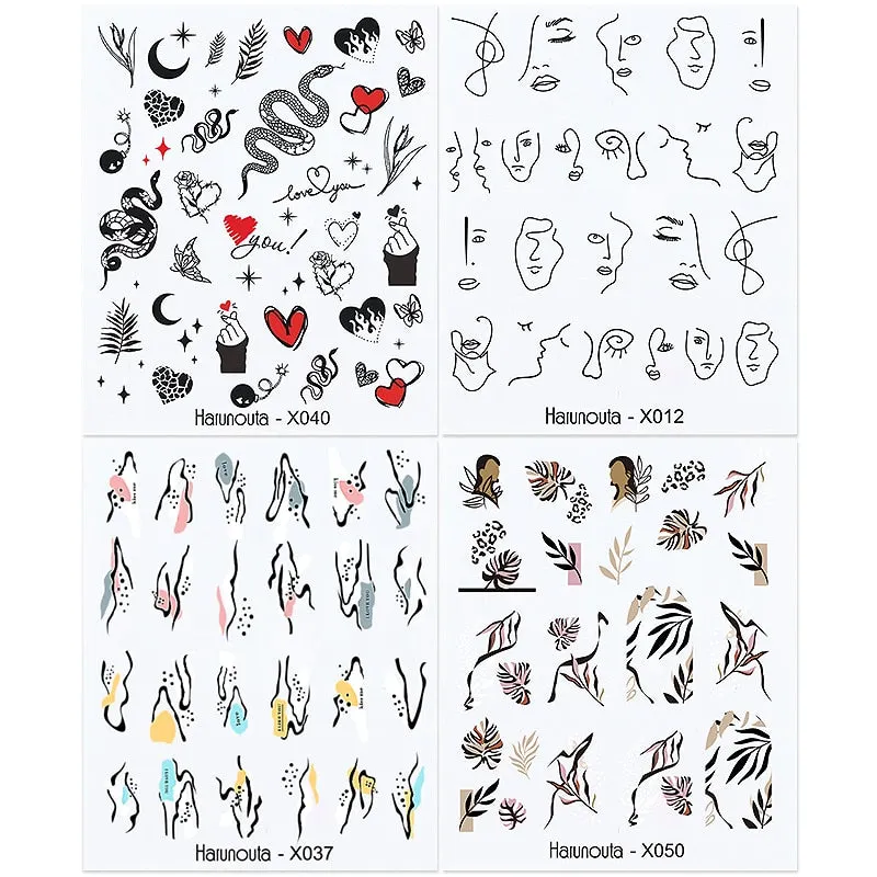 Harunouta 4pcs Geometry Color Wave Line Water Decals Stickers Flower Leaves Slider For Nails Spring Summer Nail Art Decorations