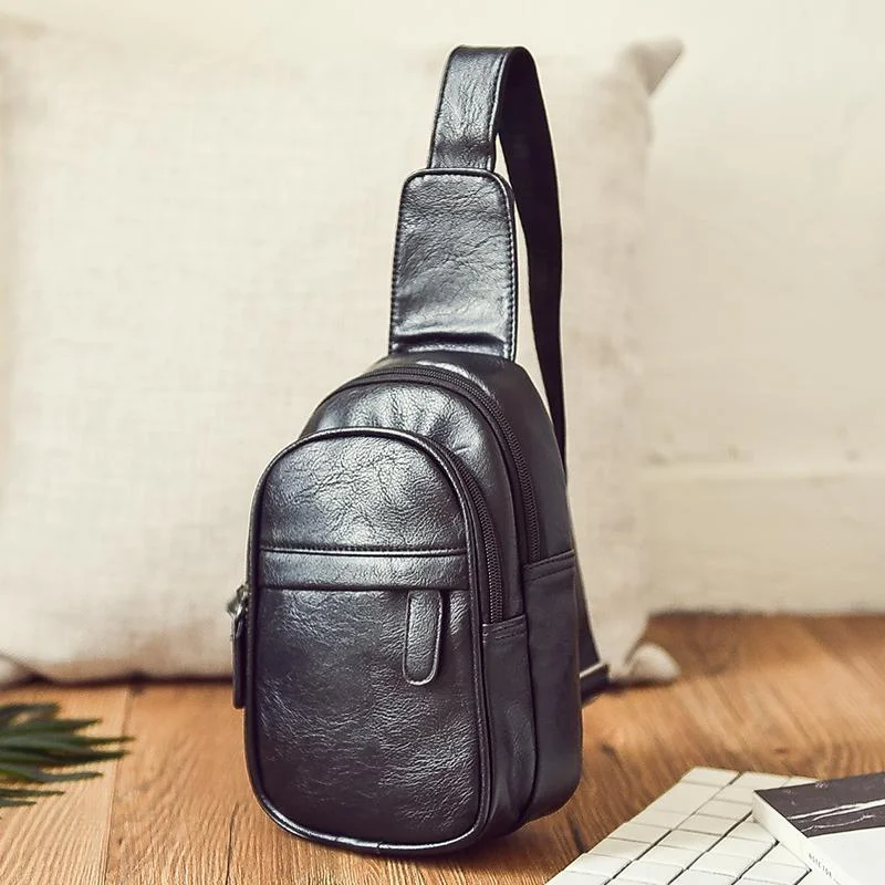 Fashion Simple Men's Small Chest Bag Messenger Bag Men's Korean Fashion Casual Soft Leather Shoulder Bag Outdoor Sports Backpack