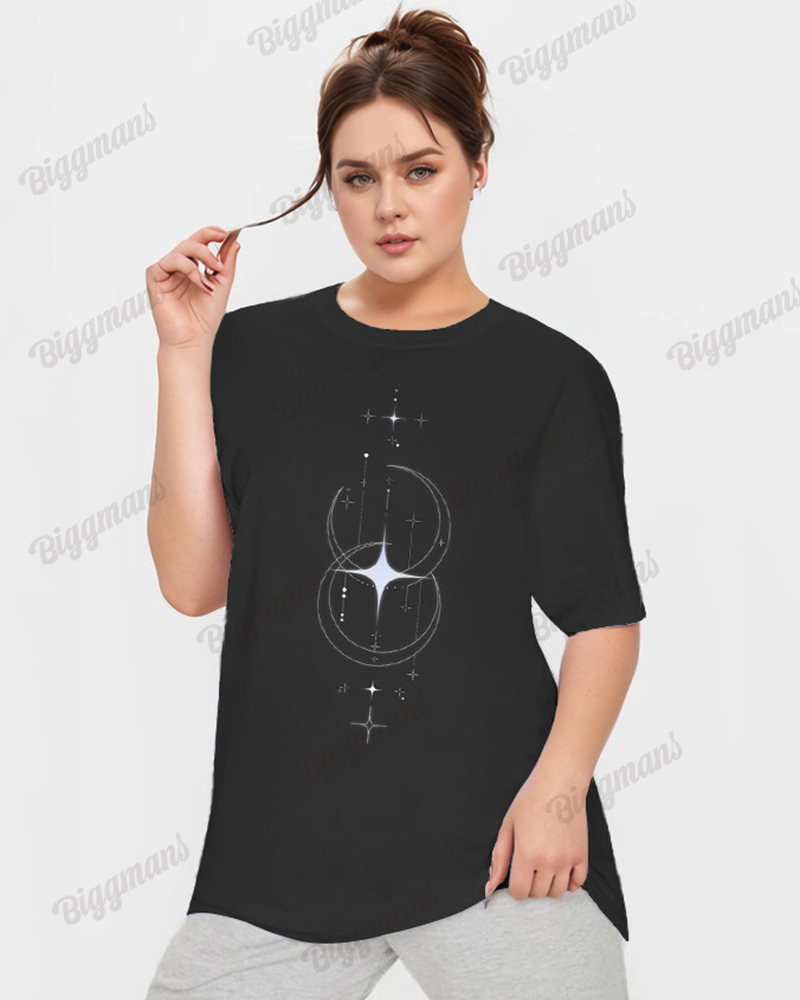 Plus Size Women's Star & Moon Print Loose Short Sleeve T-shirt