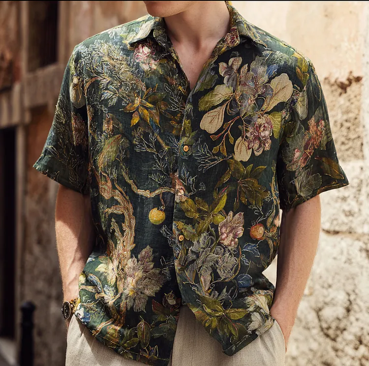 Bohemian Style Plant And Flower Pattern Men's Retro Cotton And Linen Short-sleeve Shirt