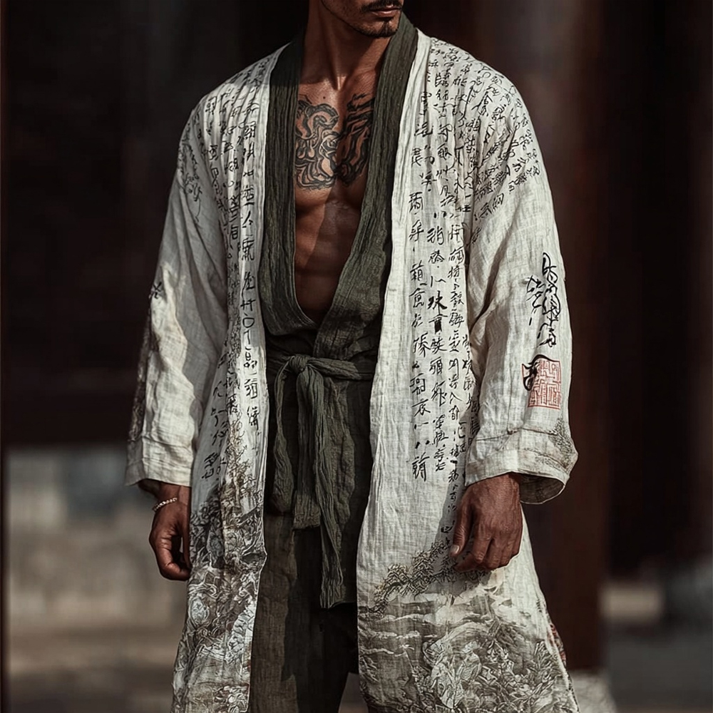 Men's Japanese Landscape Calligraphy Art Comfy Linen Long Kimono  artssus