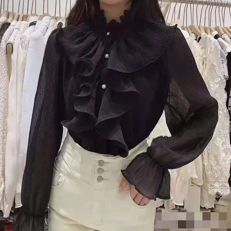 Korean Chic Ruffles Stitching Elegant Blouse Woman Stand Collar Button Chiffon Shirt Long Flare Sleeve Fashion Loose Tops 12946