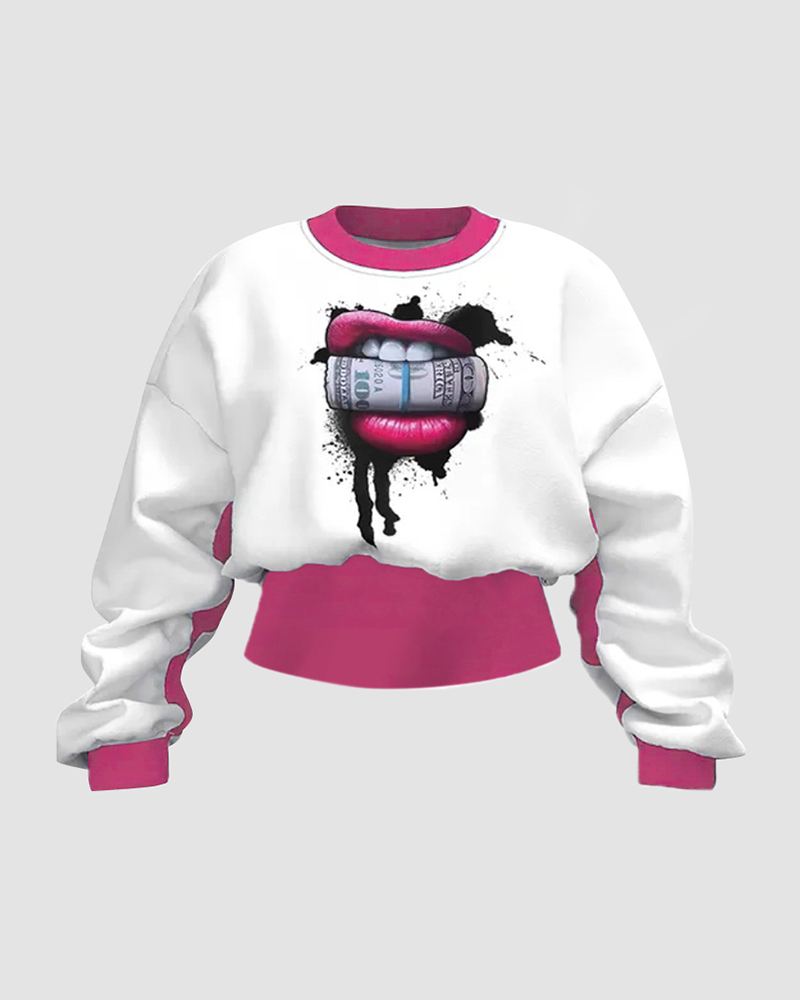 Colorblock Lips Print Round Neck Sweatshirt