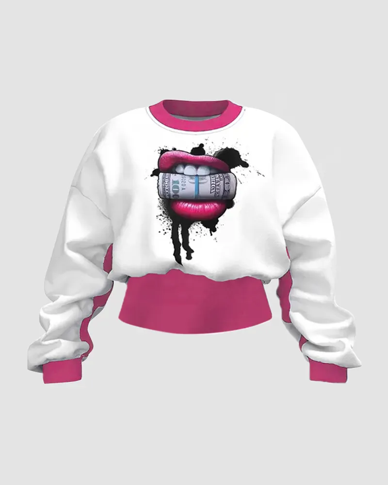 Colorblock Lips Print Round Neck Sweatshirt