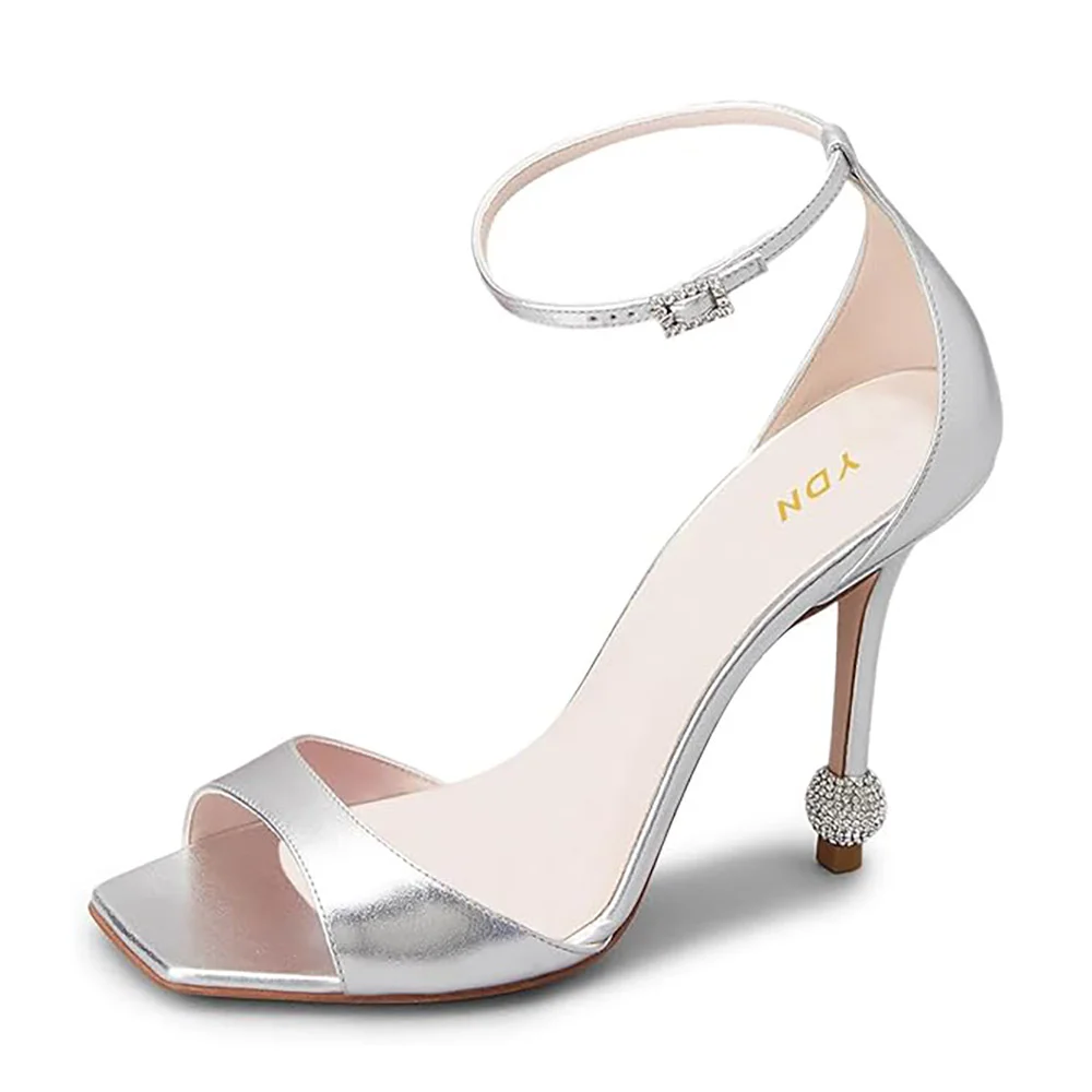 Silver Open Square Toe Rhinestone Ankle Strap High Heels Sandals