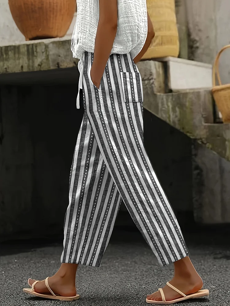 Striped Print Straight Leg Pants, Casual Drawstring Elastic Waist Pockets Pants For Spring & Summer, Women's Clothing