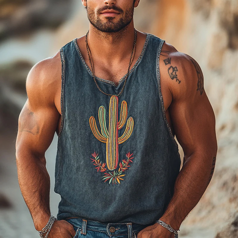 Men's Washed Vintage Round Neck Cactus Embroidered Tank Top