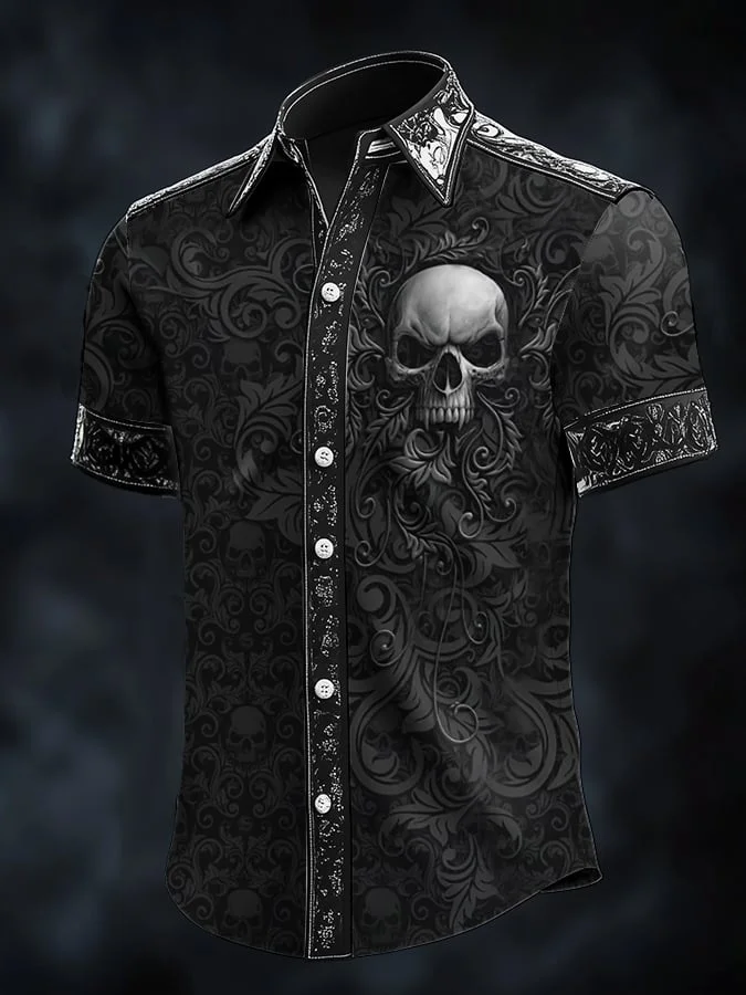 Men's Dark Skull Brogue Pattern Satin Shirt 
