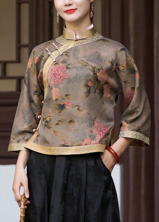 Oriental coffee Stand Collar button print silk Blouse Tops Spring CK2866- Fabulory