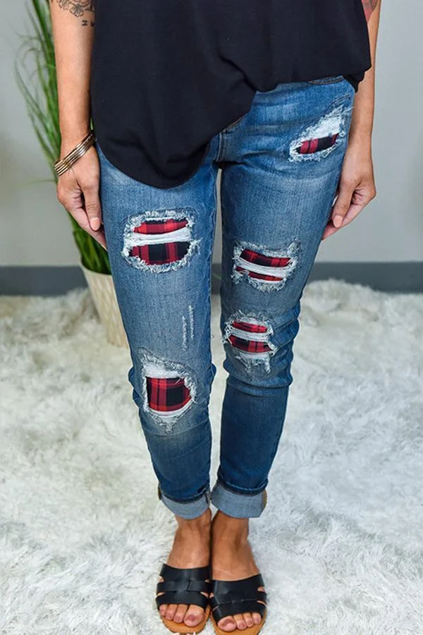 Womens Casual Patchwork Skinny Fit Regular Waist Jeans-Allyzone-Allyzone