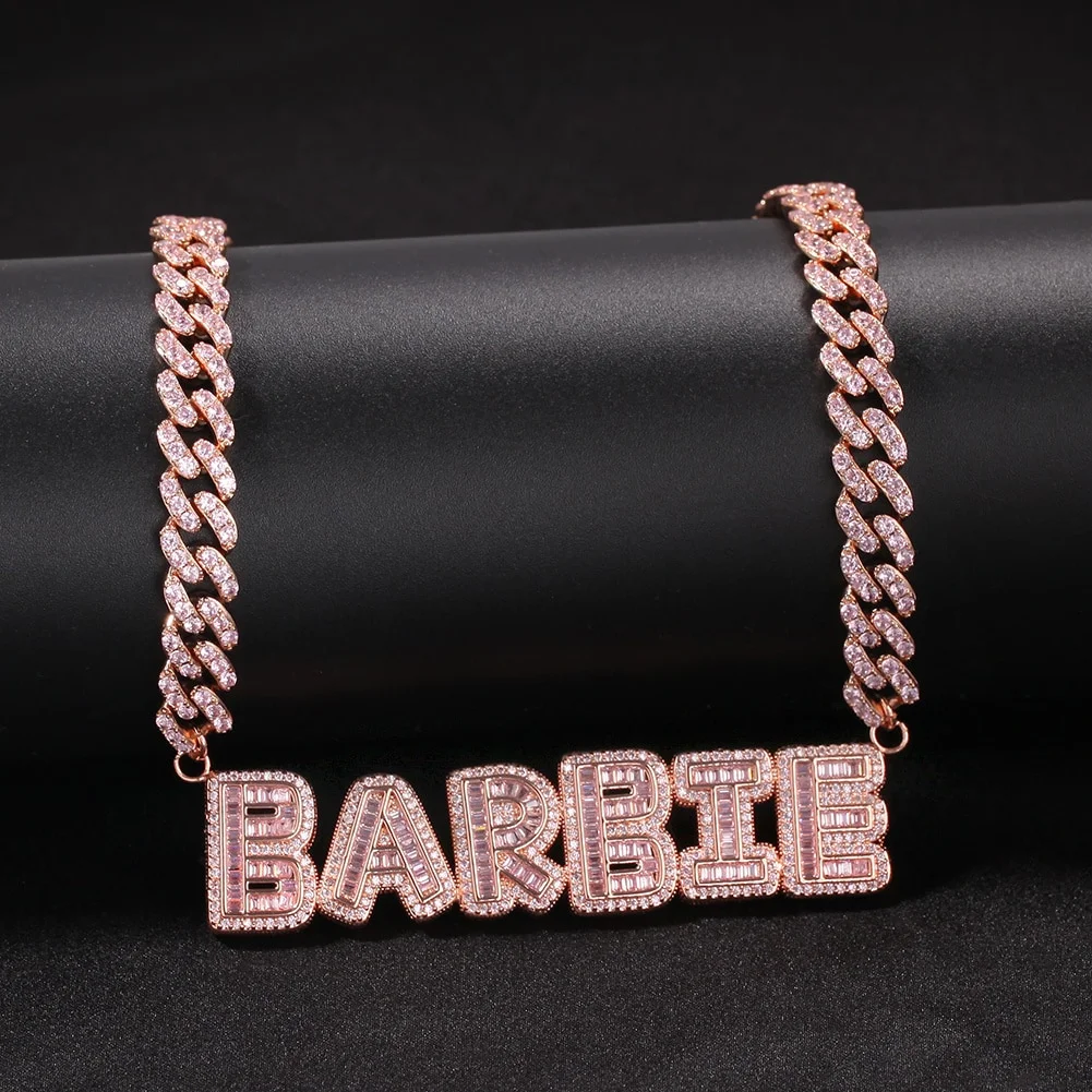Custom Name Baguette CZ Name Pendant with Cuban Chain Necklace-VESSFUL