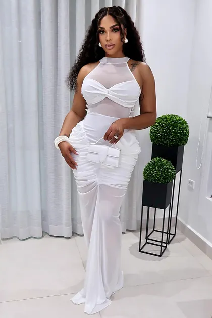 loragal dresses Illusion Neck Foil Pattern Mesh Slit Party Champagne Maxi Dresses-S One Shoulder Sleeveless Design Cinched Waist Silhouette Layered Hem Midi Dresses Fabric Dresses