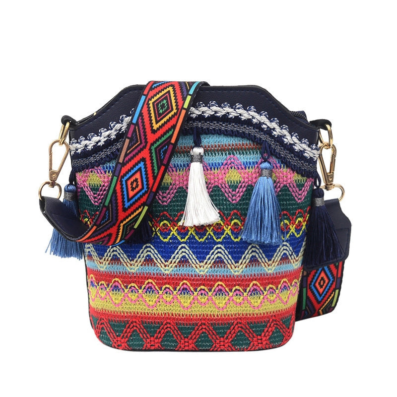Women’s Small All Seasons Pu Leather Nylon Stripe Ethnic Style Tassel Bucket Zipper Shoulder Bag