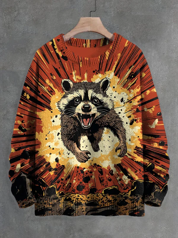 Men's Raccoon Encounters Explosion Retro Art Print Knit Sweatshirt