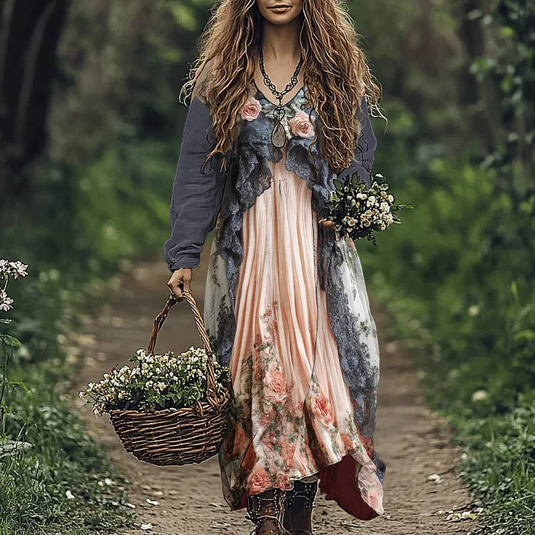 Vintage Floral Print Loose Midi Dress