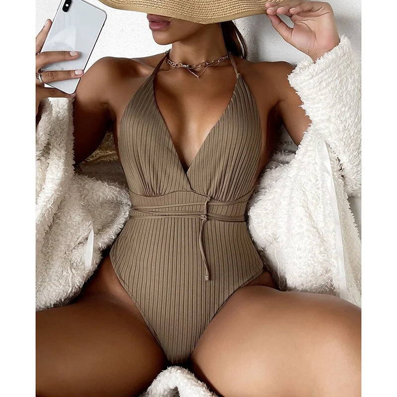 INGAGA Sexy Plunging One Piece Swimsuit Ribbed Swimwear Women 2022 New Crisscross Bodysuit Backless Monokini Solid Bathing Suits