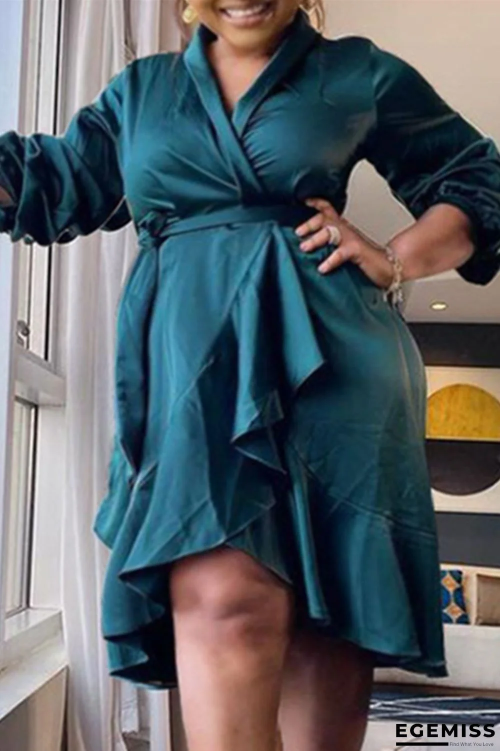 Dark Green Fashion Casual Solid Basic V Neck Long Sleeve Plus Size Dresses | EGEMISS