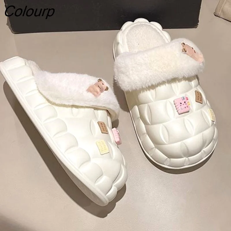 Colourp Slippers Casual Med Slipers Women Cover Toe Platform Winter Footwear Slides Lady Fur Flip Flops Luxury Flat 2023 Girl