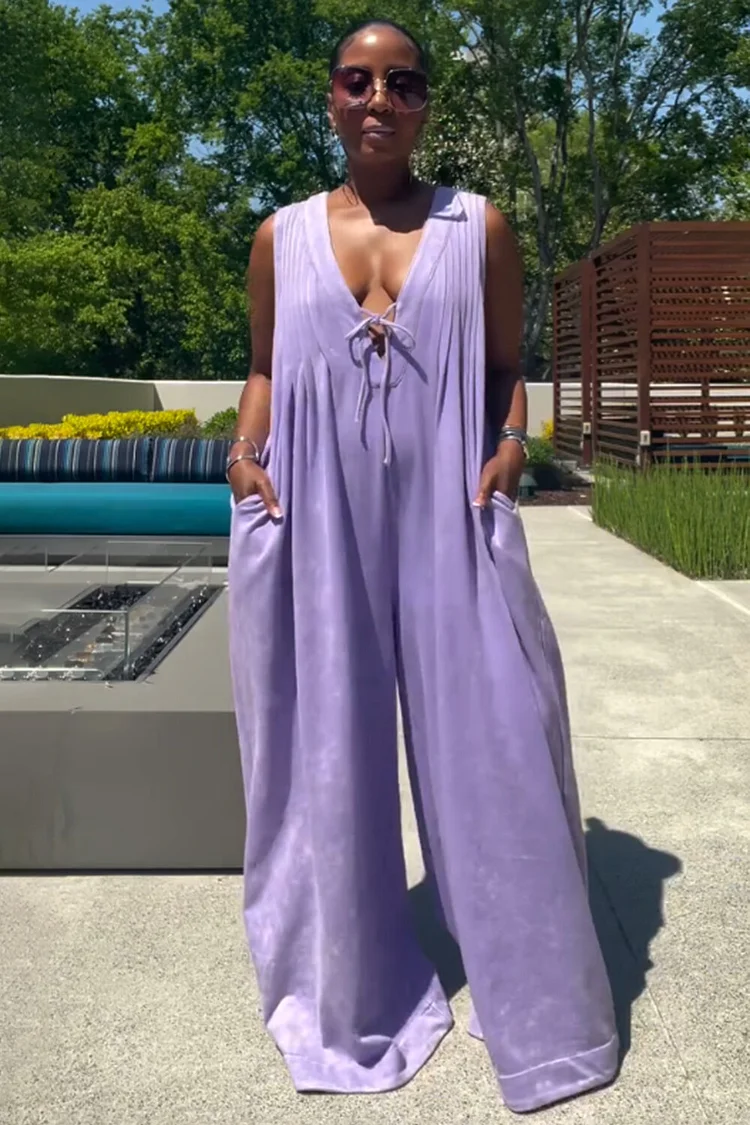 V Neck Sleeveless Pocket Baggy Oversize Wide Leg Jumpsuit-White [Pre Order]
