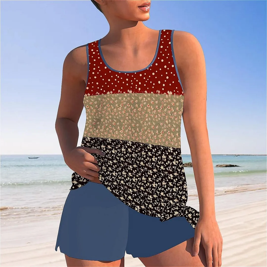 Bowknot Floral,Polka Dot,Red,Light Coffe,Navy,Stitch Mid Waisted Tankini Set - Plus Size Available