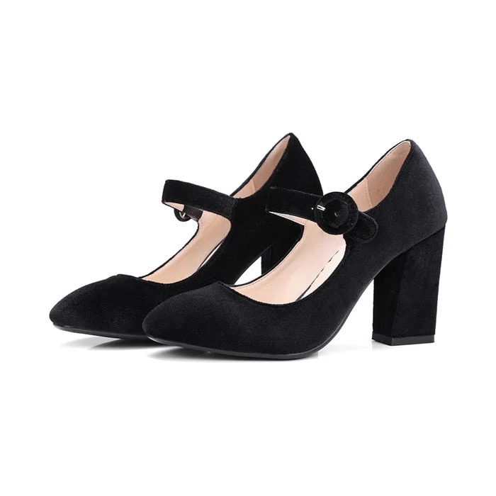 Meotina Velvet Shoes Women Pumps High Heels Ladies Mary Jane Shoes Buckle Black Thick Heels 2019 Fashion Footwear Big Size 34-43