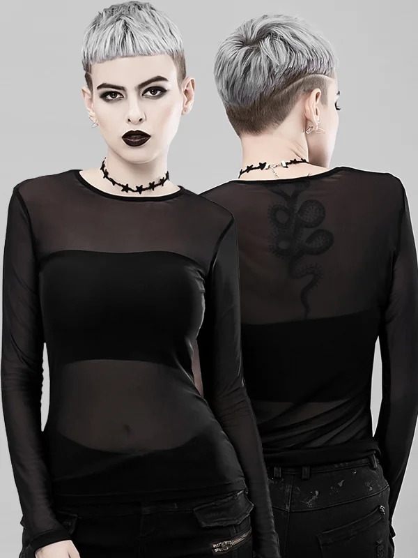 Gothic Dark Punk Style Mesh Solid Color Paneled See Through Crew Collar Long Sleeve Sweatshirt