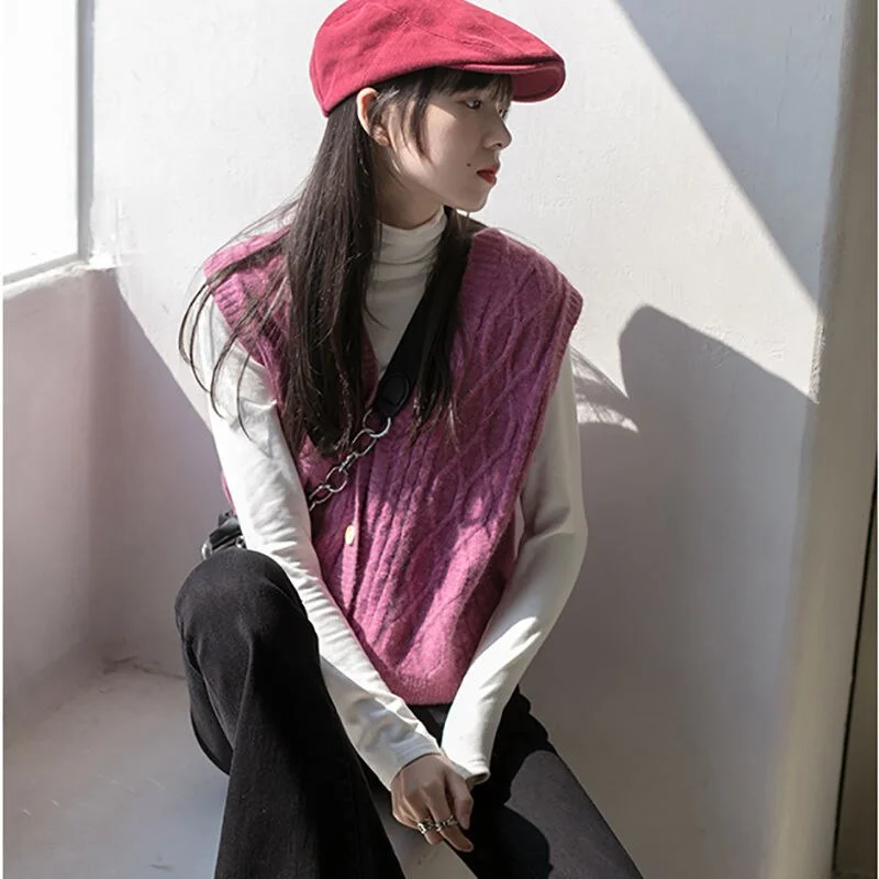 Women Sweater Vest Fresh Lovely Students Hong Kong Style Retro Outwear Gentle Ulzzang V-neck Single Breasted Leisure Fashion Ins