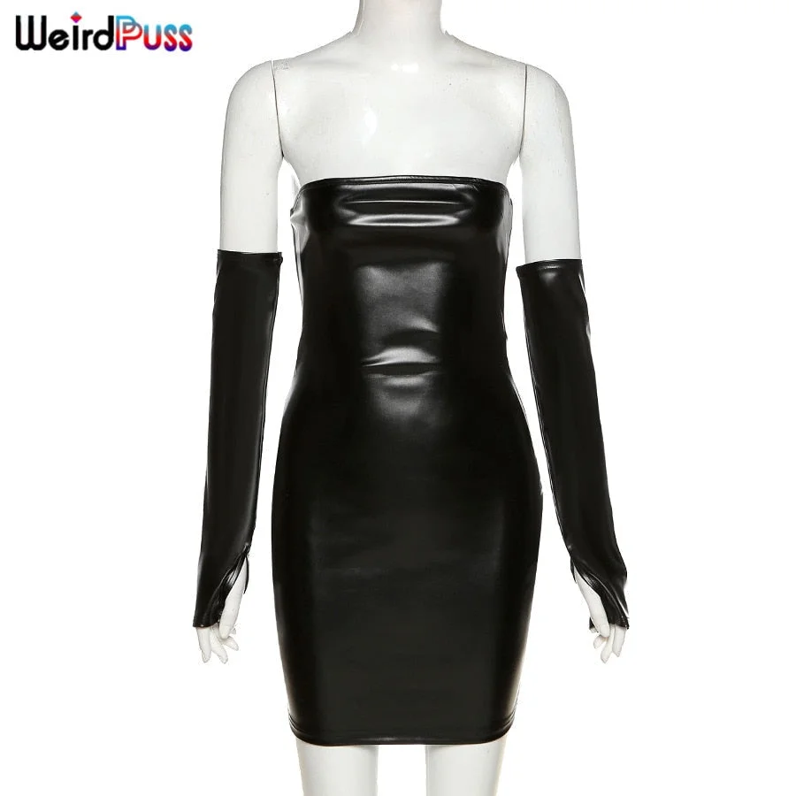 Weird Puss Women Sexy Short Faux PU Leather With Gloves Party Dress fitness Skinny bodycon Backless Hot Street Fashion Clubwear 711-1