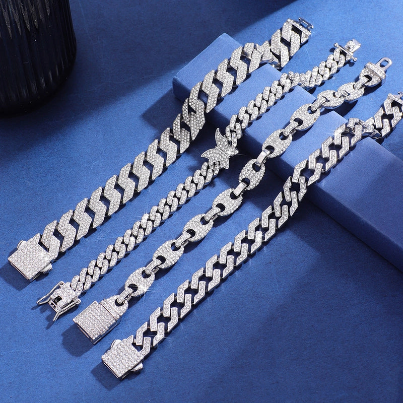 Xiyin Hip Hop Cuban Link Chain Diamond Bracelet Anklet Necklace Men And Women Hiphop Straight