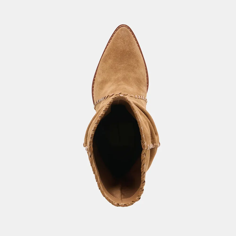 Brown Vegan Suede Pointed Toe Pleated Mid Calf Boots with Chunky Heel