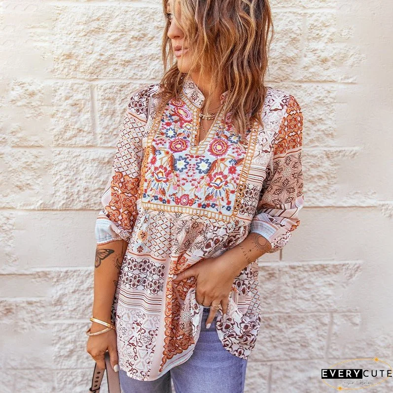 The new fall Bohemian v-neck pullover T-shirt with long sleeves
