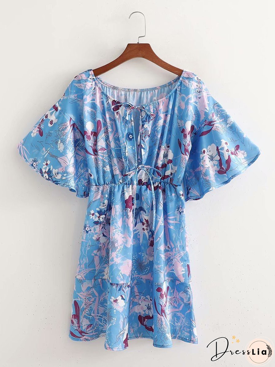Off-shoulder Lace-up Flared Sleeve Print Casual Mini Dress