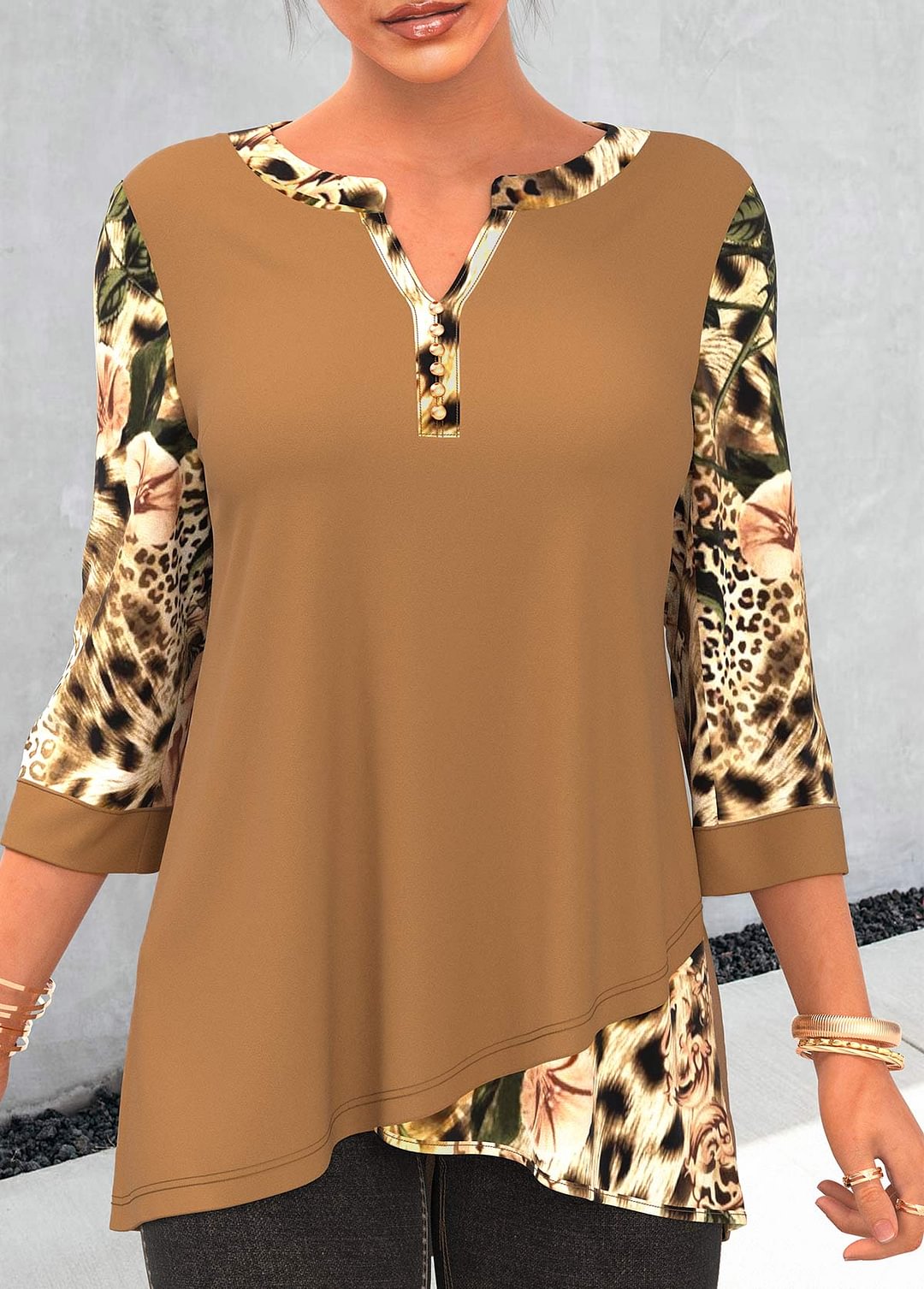 Light Coffee Split Neck Leopard 3/4 Sleeve Blouse