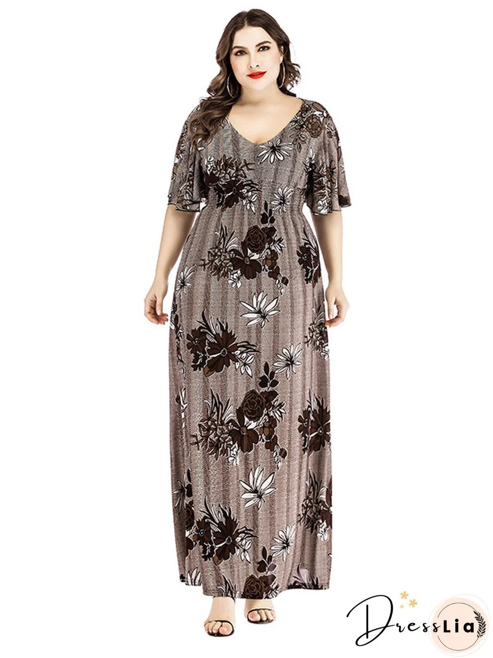 V-neck Printed Long Skirt Plus Size Dress