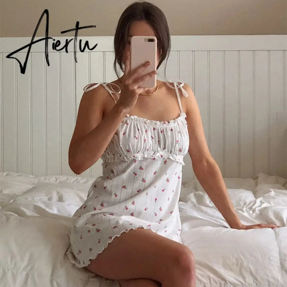 Aiertu Floral Printed Sleeveless Spaghetti Strap Dress Summer White A Line Short Dresses Ladies Ruched Tie Up Casual Dress Aiertu