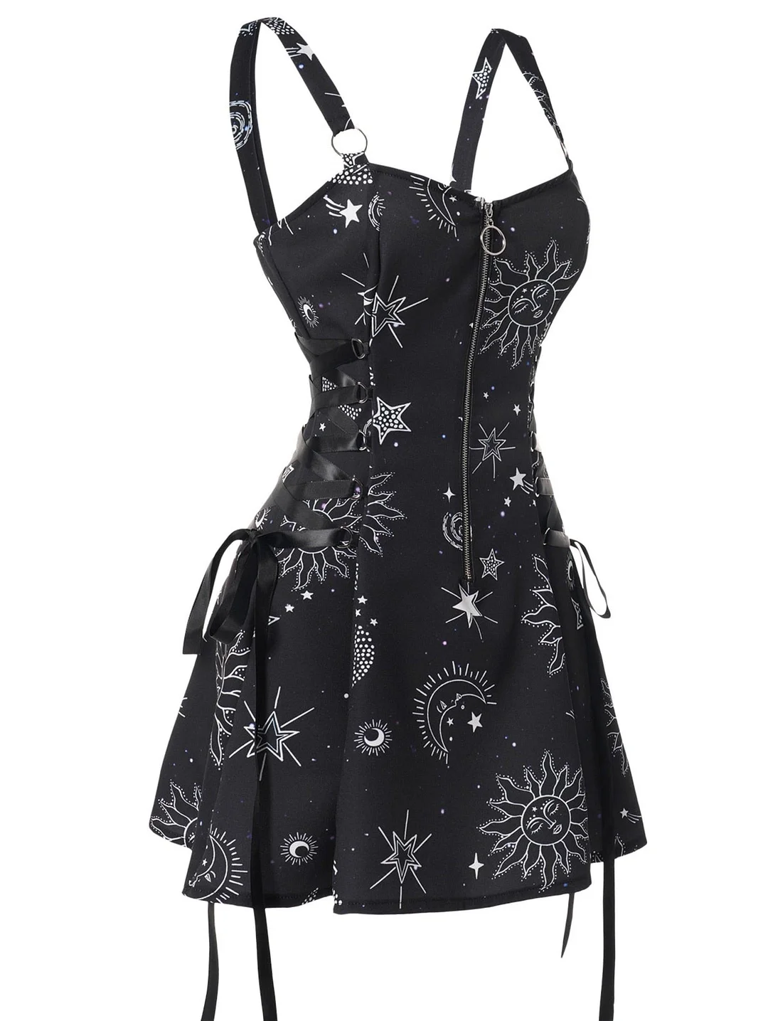 Star Print Lace-Up Apron Mini Dress with Front Zipper