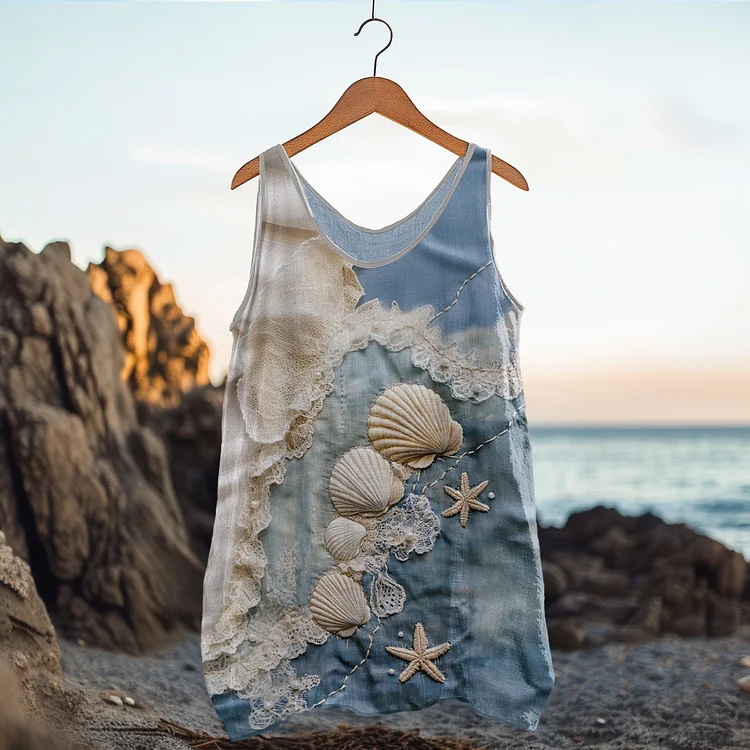 Utbros Vintage Starfish And Shell Ocean Inspired Cozy Linen Tank Top