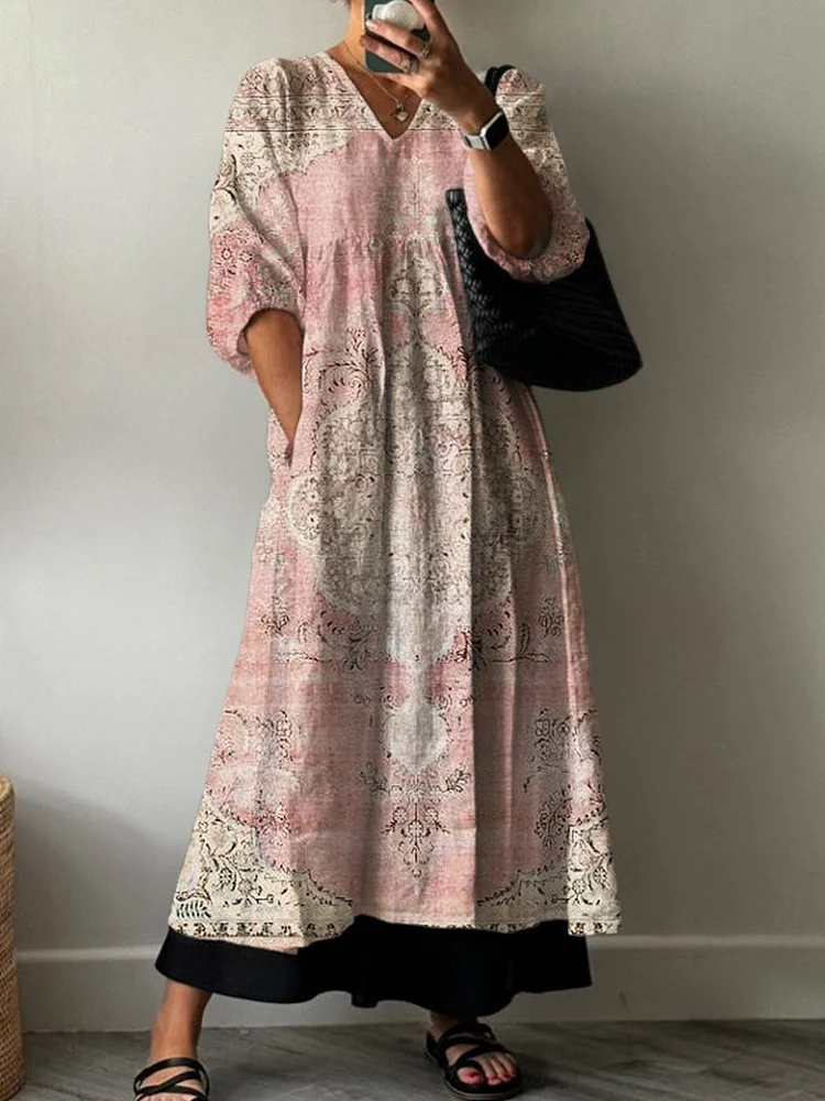 Retro Floral Print Pocket V-neck Cotton Dress