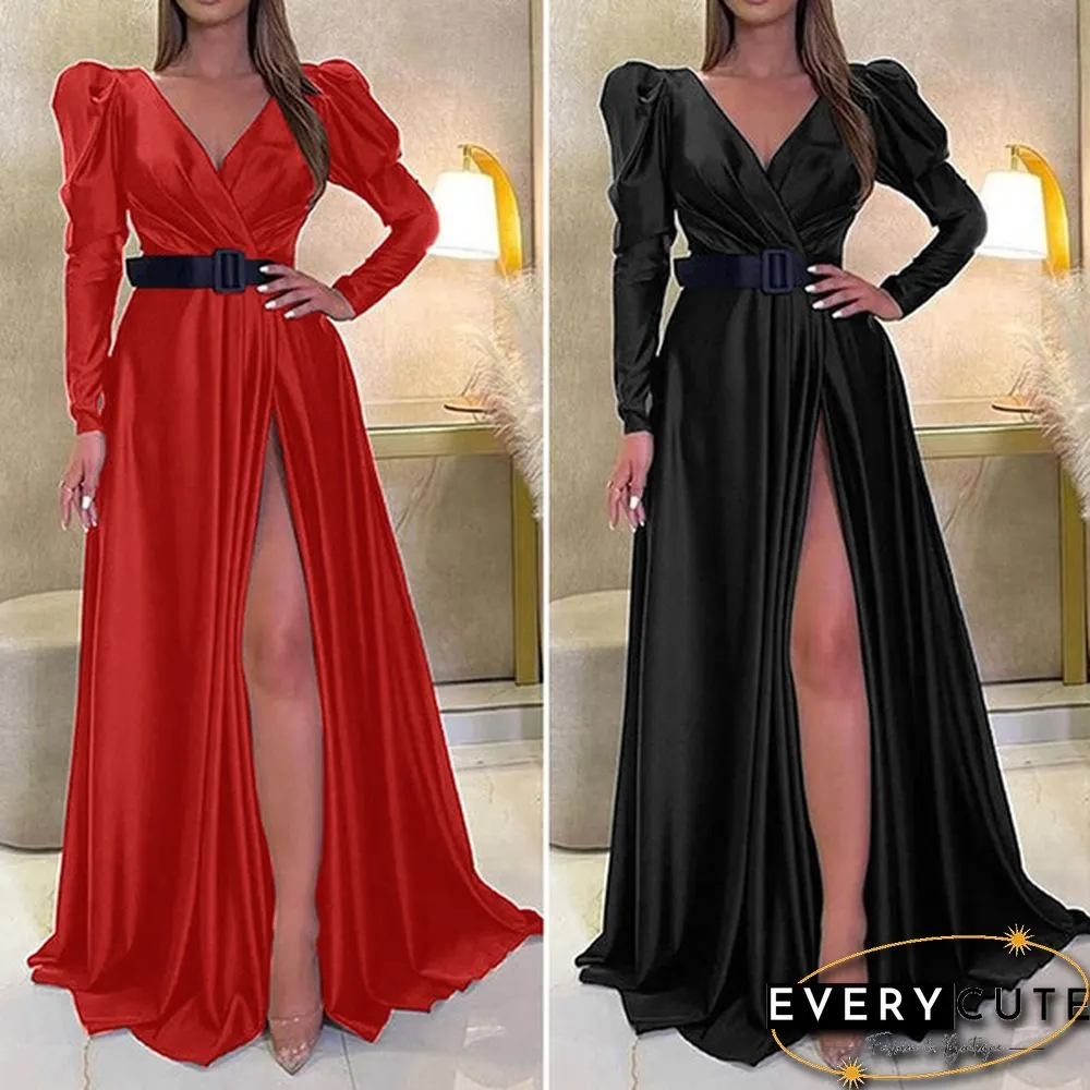 Womens V-Neck Cocktail Prom Sexy Kaftan Evening Split Silky Satin Maxi Dress Party Plus