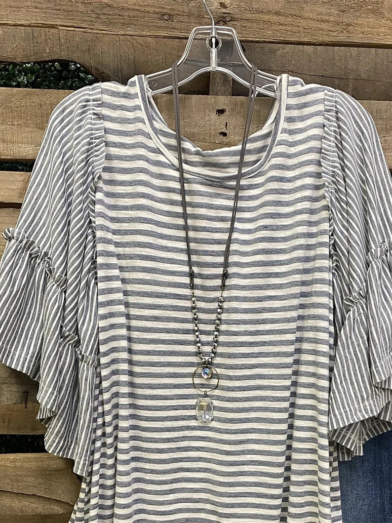 Women Half Sleeve Scoop Neck Striped Stitching Tops