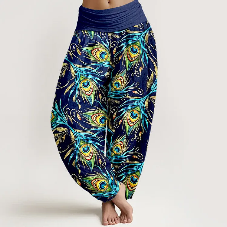 Cotton Peacock Feather Pattern Women's Elastic Waist Harem Pants