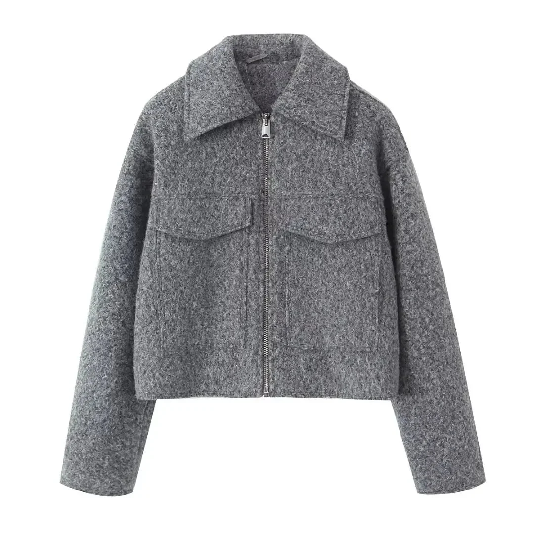 Tlbang Vintage Women Gray Cropped Woolen Jacket Long Sleeve Pockets Female Autumn Winter Short Coat