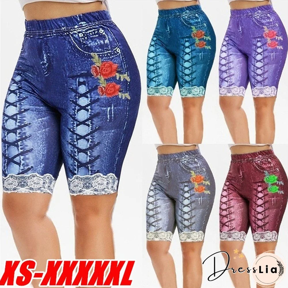 Women's Fashion Plus Size 3D Floral Print Capri Jeggings Denim Leggings Pants