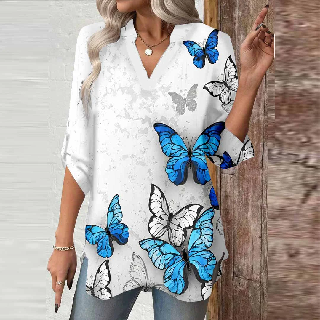 Women Butterfly,Blue,Grey DZGA0637 3/4 Sleeve V-neck Printed Graphic Button Tops