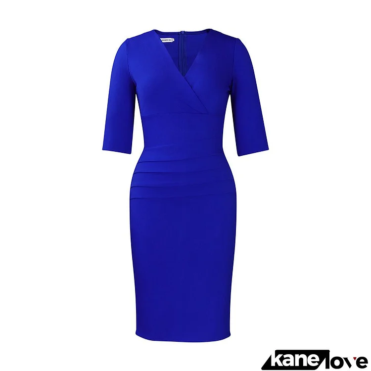 Women Fashion Plus Size Solid Color V-Neck Dress