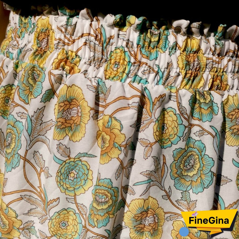 Women Fashion Casual Floral Short Skirts Summer High Waist Pleated Beach Skirt Beho Ruffle Dresses