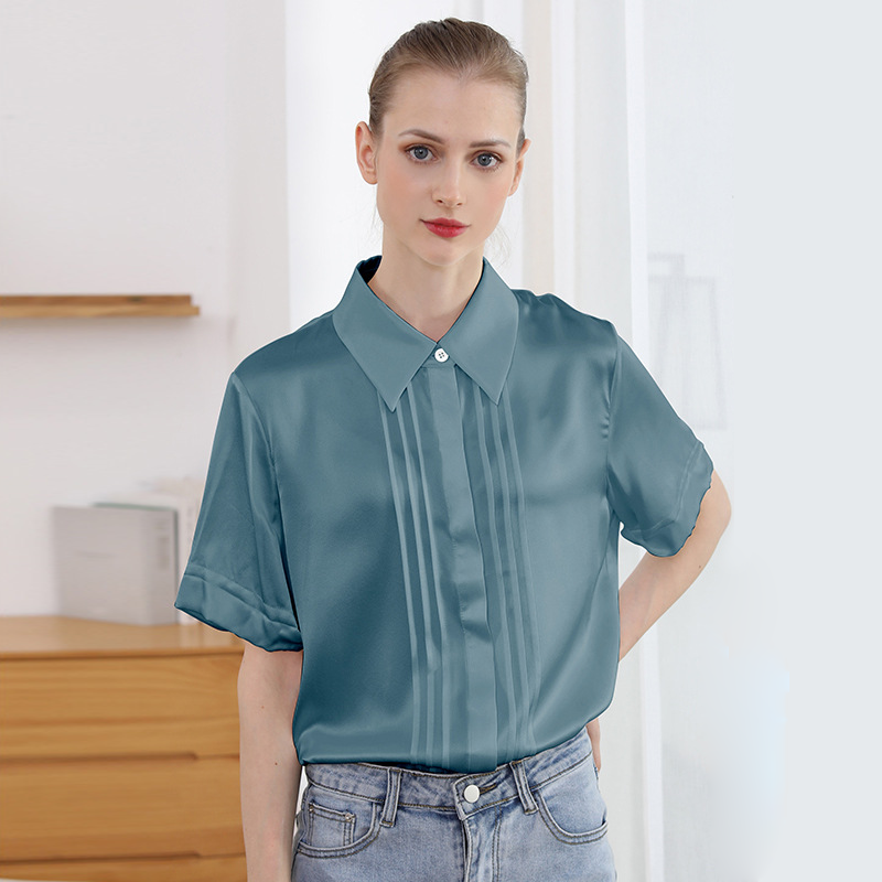 Polo Collar Pleated Design Silk Shirt Sky Blue