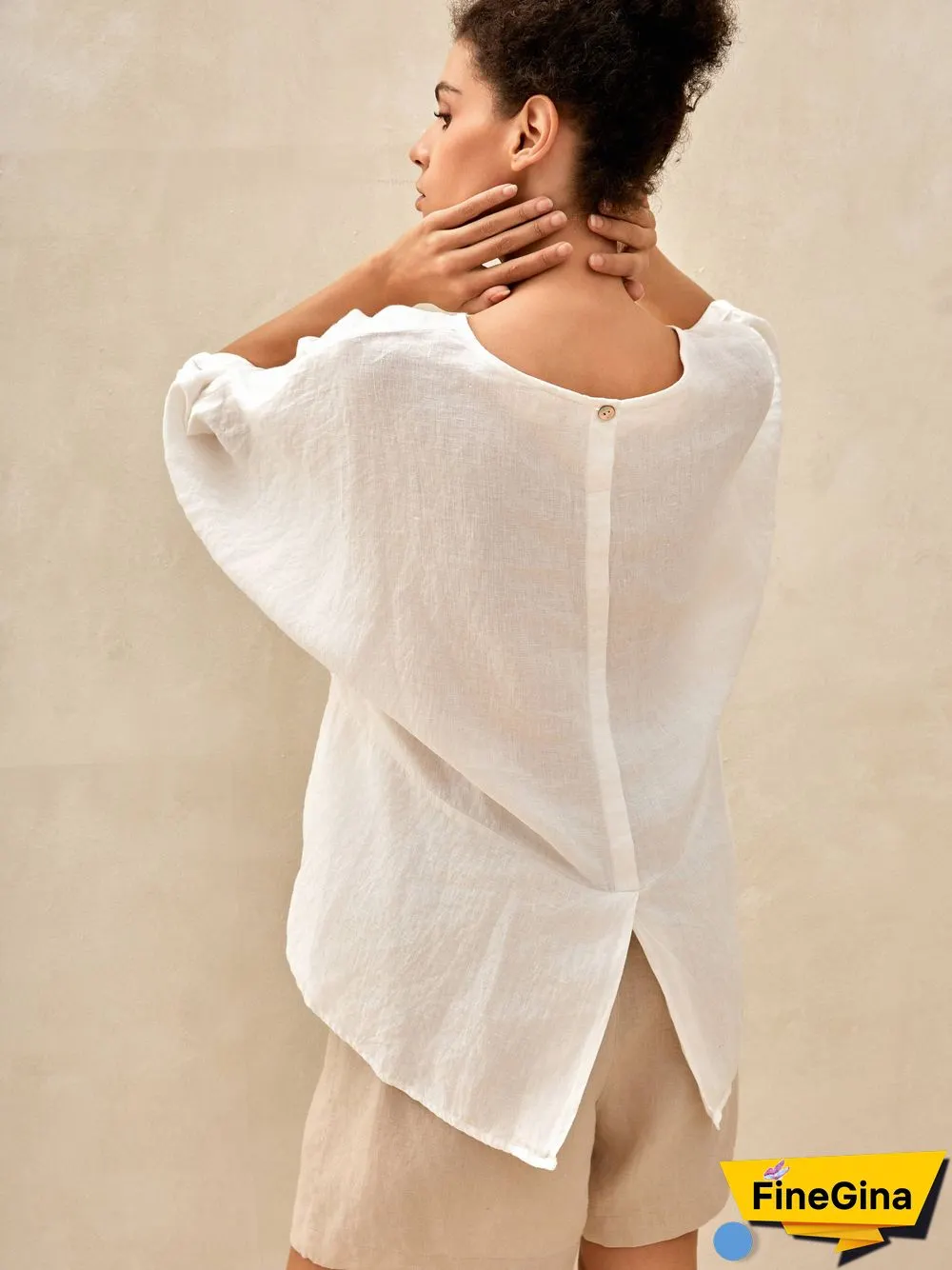Robyn Linen Round Neck Mid-Sleeve Top