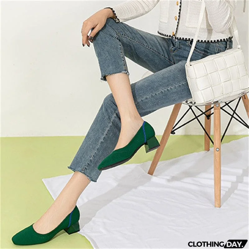 Concise Square Toe Thick Heels Leisure Female Pumps